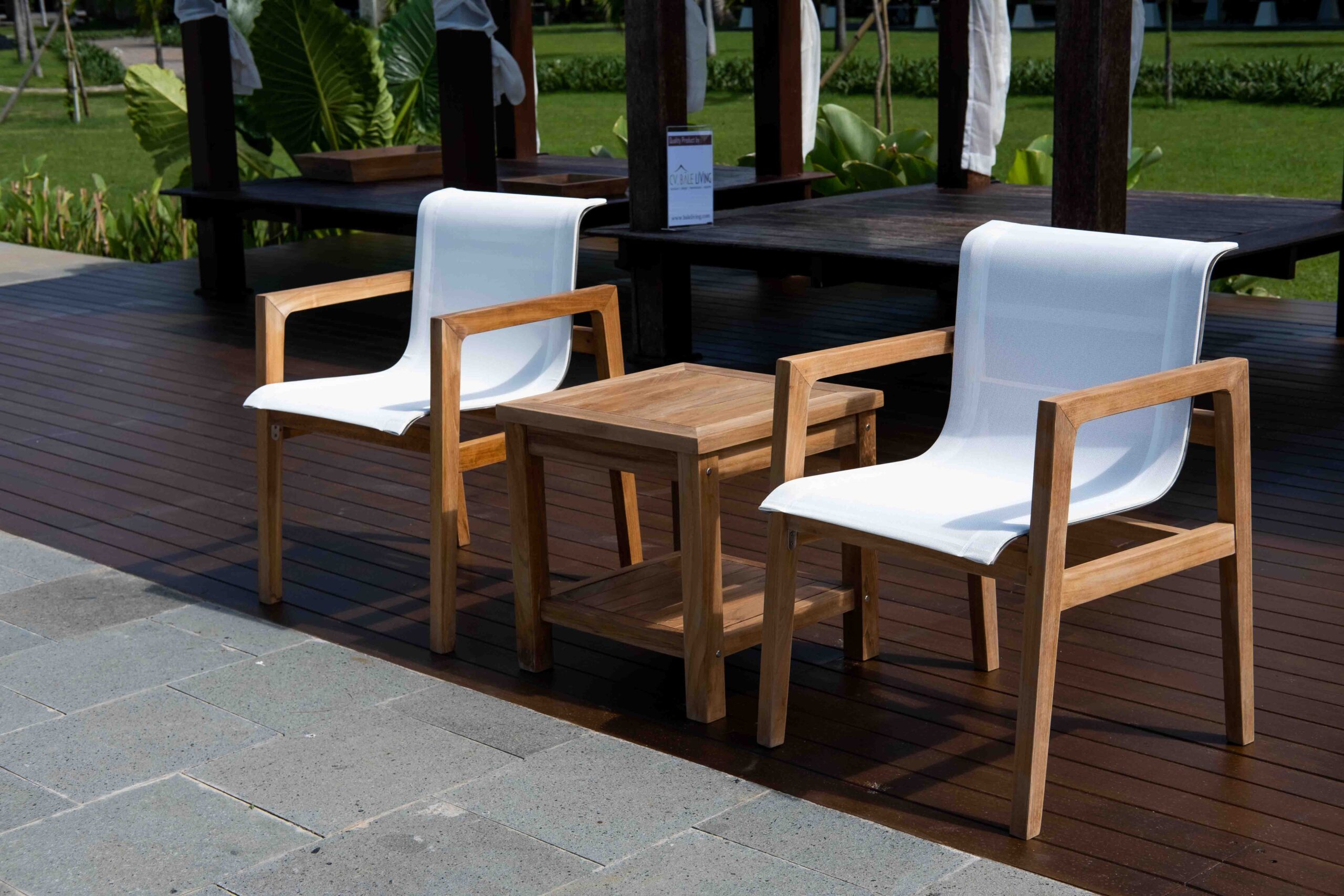 Catalina Oceana teak chair with sling fabric for outdoor and hospitality projects