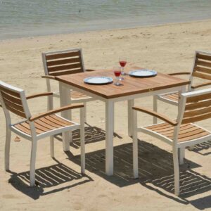 Catalina stacking teak arm chair for outdoor dining and hospitality use